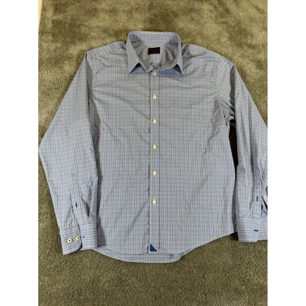 UNTUCKit Pascal Mens Large Blue White Check Performance Button Down Shirt 34552